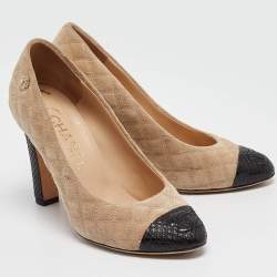 Pre Owned Chanel Beige/Black Suede and Snakeskin Cap Toe Pumps Size 35