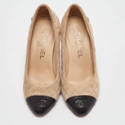 Pre Owned Chanel Beige/Black Suede and Snakeskin Cap Toe Pumps Size 35
