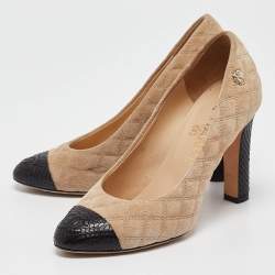 Pre Owned Chanel Beige/Black Suede and Snakeskin Cap Toe Pumps Size 35