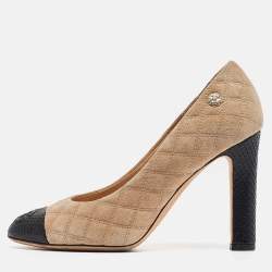 Pre Owned Chanel Beige/Black Suede and Snakeskin Cap Toe Pumps Size 35