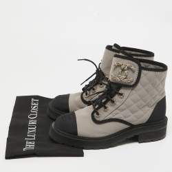 Chanel Cream/Black Leather and Canvas Ankle Length Boots Size 38.5