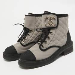 Chanel Cream/Black Leather and Canvas Ankle Length Boots Size 38.5