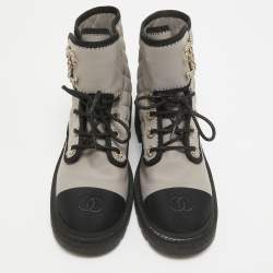 Chanel Cream/Black Leather and Canvas Ankle Length Boots Size 38.5