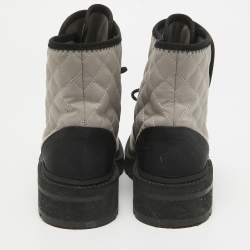 Chanel Cream/Black Leather and Canvas Ankle Length Boots Size 38.5