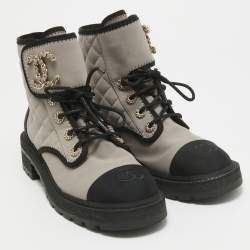 Chanel Cream/Black Leather and Canvas Ankle Length Boots Size 38.5