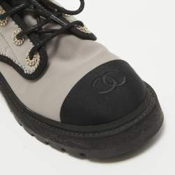 Chanel Cream/Black Leather and Canvas Ankle Length Boots Size 38.5