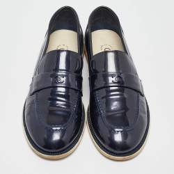 Chanel Navy Blue Patent Leather CC Loafers Size 38.5