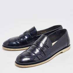 Chanel Navy Blue Patent Leather CC Loafers Size 38.5