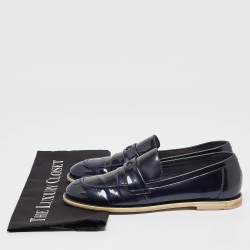 Chanel Navy Blue Patent Leather CC Loafers Size 38.5