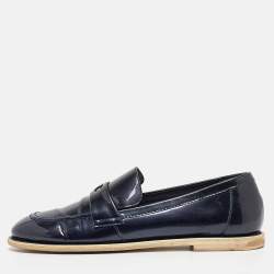 Chanel Navy Blue Patent Leather CC Loafers Size 38.5