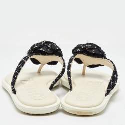 Chanel Black/White Tweed Camellia Thong Sandals Size 39.5