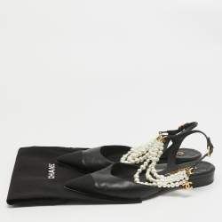 Chanel Black Leather Cap Toe Faux Pearls Ankle Strap Flats Size 39