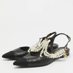 Chanel Black Leather Cap Toe Faux Pearls Ankle Strap Flats Size 39