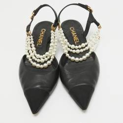 Chanel Black Leather Cap Toe Faux Pearls Ankle Strap Flats Size 39