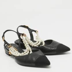 Chanel Black Leather Cap Toe Faux Pearls Ankle Strap Flats Size 39