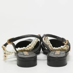 Chanel Black Leather Cap Toe Faux Pearls Ankle Strap Flats Size 39