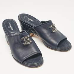 Chanel Navy Blue Leather CC Slide Sandals Size 39.5 