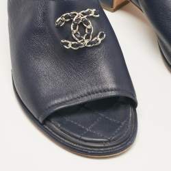 Chanel Navy Blue Leather CC Slide Sandals Size 39.5 