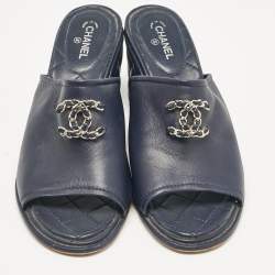 Chanel Navy Blue Leather CC Slide Sandals Size 39.5 