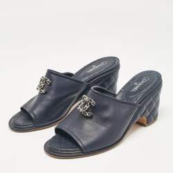 Chanel Navy Blue Leather CC Slide Sandals Size 39.5 