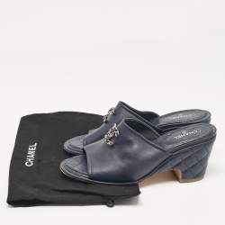Chanel Navy Blue Leather CC Slide Sandals Size 39.5 