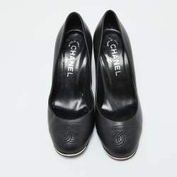 Pre Owned Chanel Black Leather Metal Toe Pumps Size 37