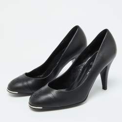 Pre Owned Chanel Black Leather Metal Toe Pumps Size 37
