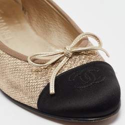 Pre Owned Chanel Gold/Black Leather and Satin CC Ballet Flats Size 37.5