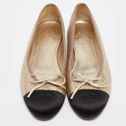 Pre Owned Chanel Gold/Black Leather and Satin CC Ballet Flats Size 37.5