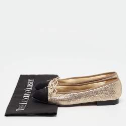 Pre Owned Chanel Gold/Black Leather and Satin CC Ballet Flats Size 37.5