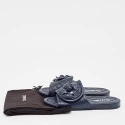Chanel Navy Blue Leather Flower Flat Slides Size 37