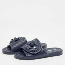 Chanel Navy Blue Leather Flower Flat Slides Size 37