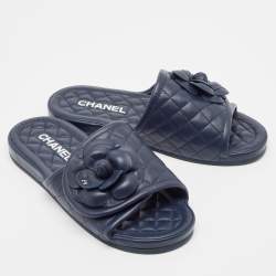 Chanel Navy Blue Leather Flower Flat Slides Size 37