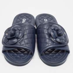 Chanel Navy Blue Leather Flower Flat Slides Size 37