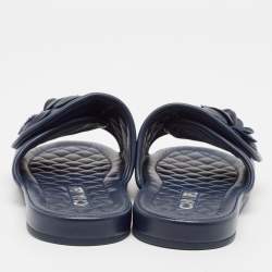 Chanel Navy Blue Leather Flower Flat Slides Size 37