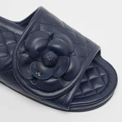 Chanel Navy Blue Leather Flower Flat Slides Size 37