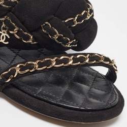 Chanel Black Suede Chain CC Slide Sandals Size 36.5