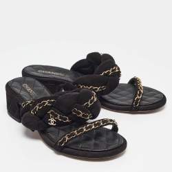 Chanel Black Suede Chain CC Slide Sandals Size 36.5