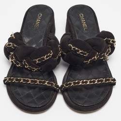 Chanel Black Suede Chain CC Slide Sandals Size 36.5