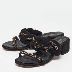 Chanel Black Suede Chain CC Slide Sandals Size 36.5