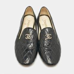 Pre Owned Chanel Black Patent Smoking Slippers Size 39.5