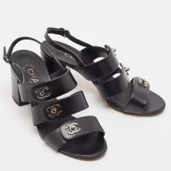 Chanel Black Leather Ankle Strap Sandals Size 36.5