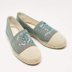 Chanel Green Tweed Sequins CC Espadrille Flats Size 40