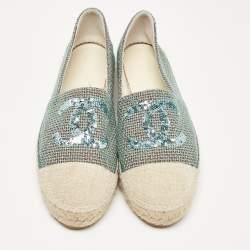 Chanel Green Tweed Sequins CC Espadrille Flats Size 40