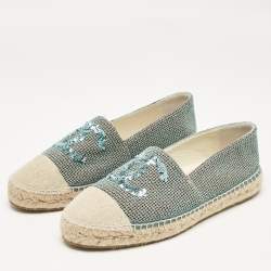 Chanel Green Tweed Sequins CC Espadrille Flats Size 40