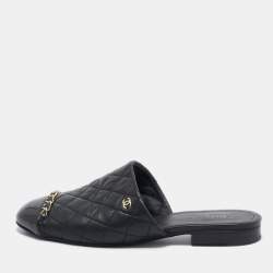 Pre Owned Chanel Black Quilted Leather and Patent Cap Toe Chain Link CC Flat Mules Size 36