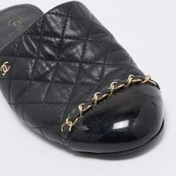 Pre Owned Chanel Black Quilted Leather and Patent Cap Toe Chain Link CC Flat Mules Size 36