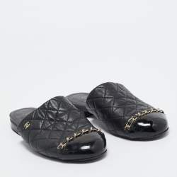 Pre Owned Chanel Black Quilted Leather and Patent Cap Toe Chain Link CC Flat Mules Size 36