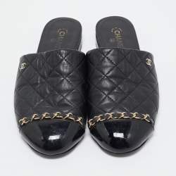 Pre Owned Chanel Black Quilted Leather and Patent Cap Toe Chain Link CC Flat Mules Size 36