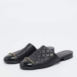 Pre Owned Chanel Black Quilted Leather and Patent Cap Toe Chain Link CC Flat Mules Size 36